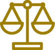 A gold icon of a balance scale with two equally balanced pans, representing justice or equality.