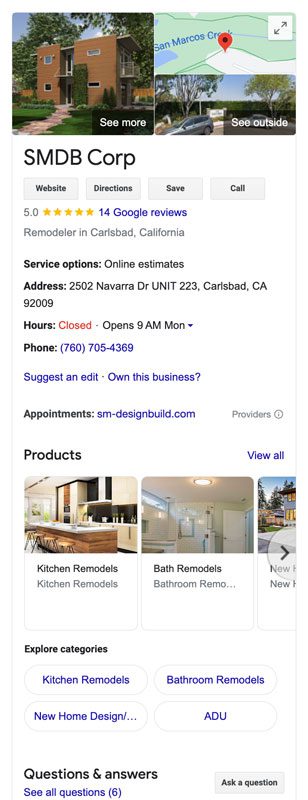 Google business listing for SMDB Corp, a remodeling service in Carlsbad, CA, with office hours and contact info. Includes images of kitchen and bathroom remodels, customer reviews, and service links.