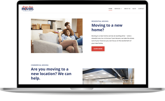 lapmock-acrosstownmovers Screenshot of a moving company's website displayed on a laptop screen. The page mentions residential and commercial moving services and has images of people moving and a commercial office space.