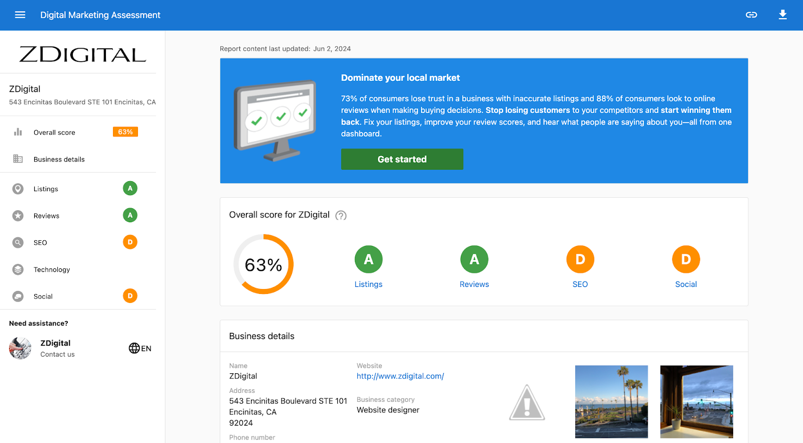 seo-pic-1 A digital marketing assessment report for ZDigital, showing an overall score of 63% with sections for Listings, Reviews, SEO, and Social. Includes contact details and a call-to-action banner for local market domination.