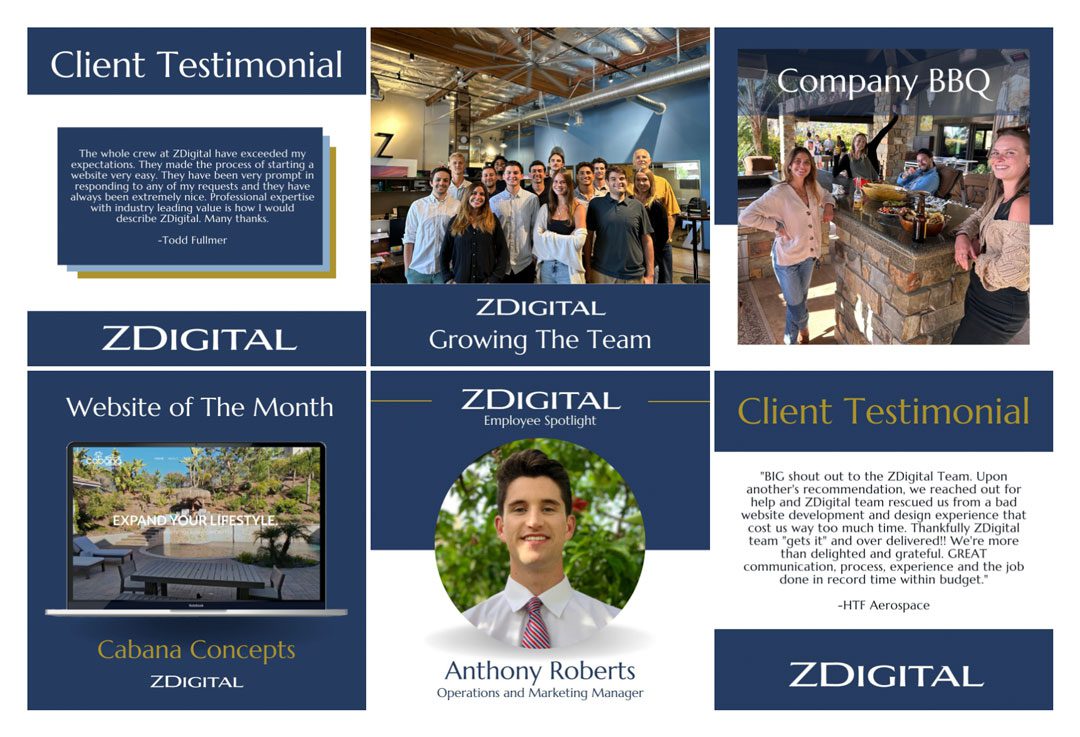 A collage of ZDigital’s achievements including client testimonials, the website of the month, a team photo from a company BBQ, and a spotlight on Operations and Marketing Manager, Anthony Roberts.