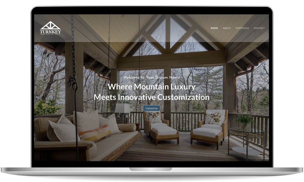 A laptop screen displays a website with a deck view, featuring text: "Where Mountain Luxury Meets Innovative Customization" and a "Contact Us" button. The site has menu options for Home, About, Portfolio, and Contact.