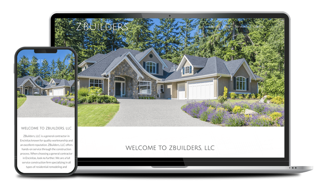 A website layout displaying on a laptop and smartphone, showcasing an image of a large suburban house with the title "ZBuilders, LLC" and a welcoming message about the construction company's services.