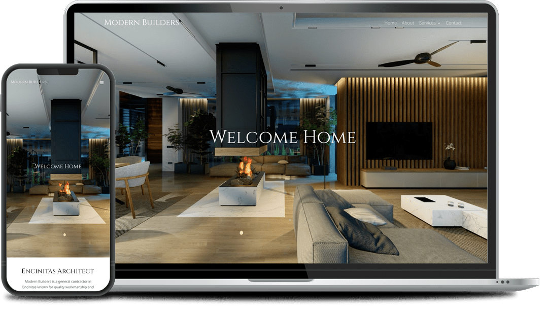 A modern living room with wooden panel walls displayed on a smartphone and a laptop screen. Text on both screens reads "Modern Builders" and "Welcome Home.