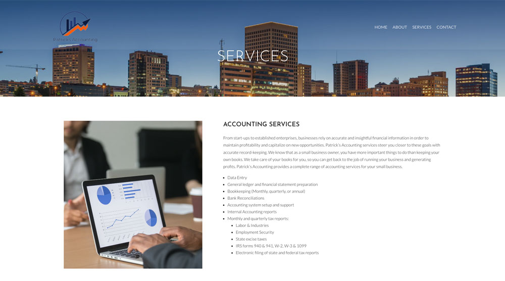 case-study-patricks-accounting-after The image shows a business website’s accounting services page, featuring a cityscape header and a section with text and a photo of a laptop displaying financial charts.
