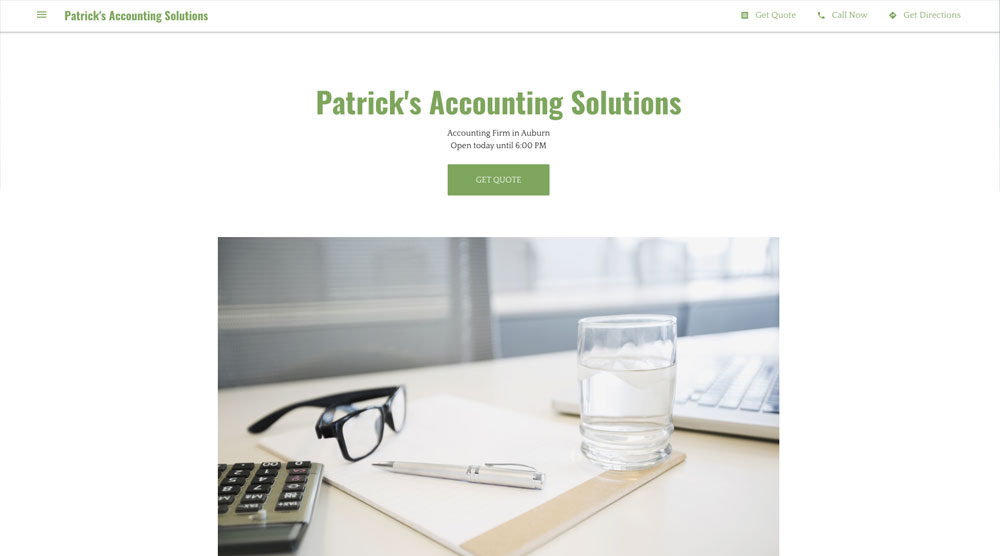 case-study-patricks-accounting-before Website homepage for Patrick's Accounting Solutions showing a header, navigation menu, and image of a clipboard, pen, glasses, and a glass of water on a desk.