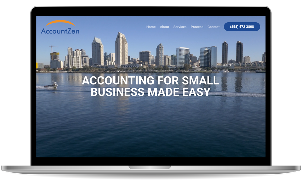 A laptop screen displays the AccountZen website with a city skyline, company logo, navigation menu, and the text "Accounting for Small Business Made Easy.
