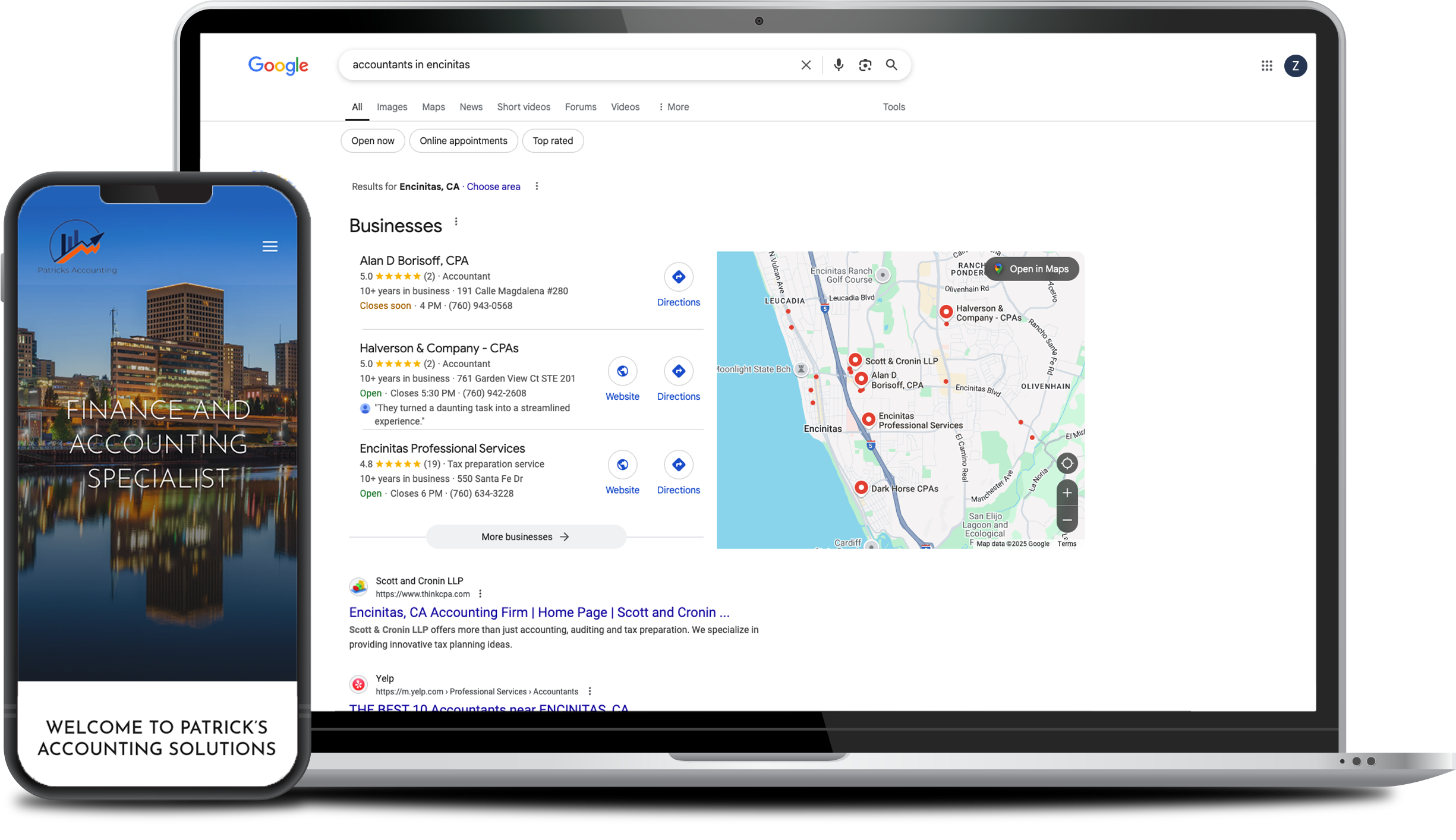 A laptop displays Google search results with a map for accountants in Encinitas; a phone screen shows an accounting solutions welcome page.