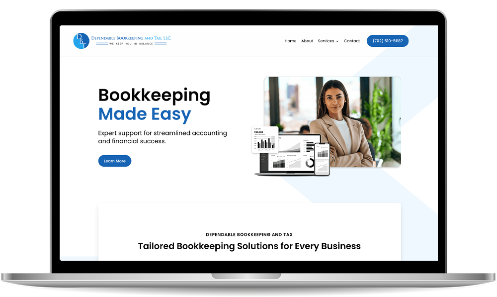 A laptop displays a bookkeeping service website featuring a professional woman, financial graphs, and a "Bookkeeping Made Easy" headline.