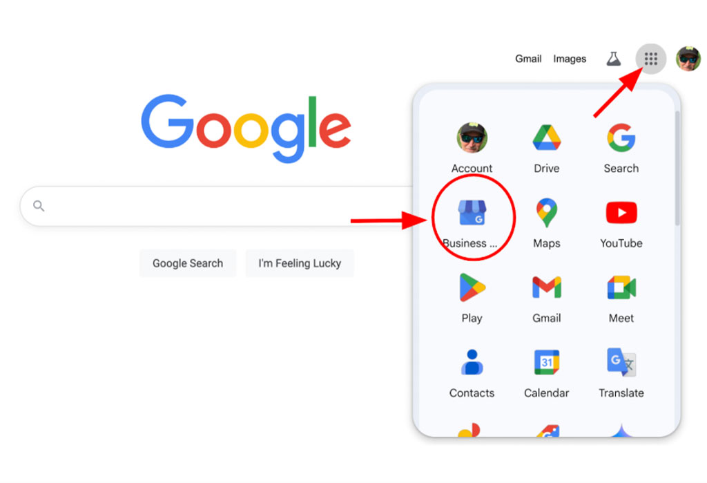 A Google homepage with the apps menu open, highlighting the "Business" app icon with red arrows and circles.