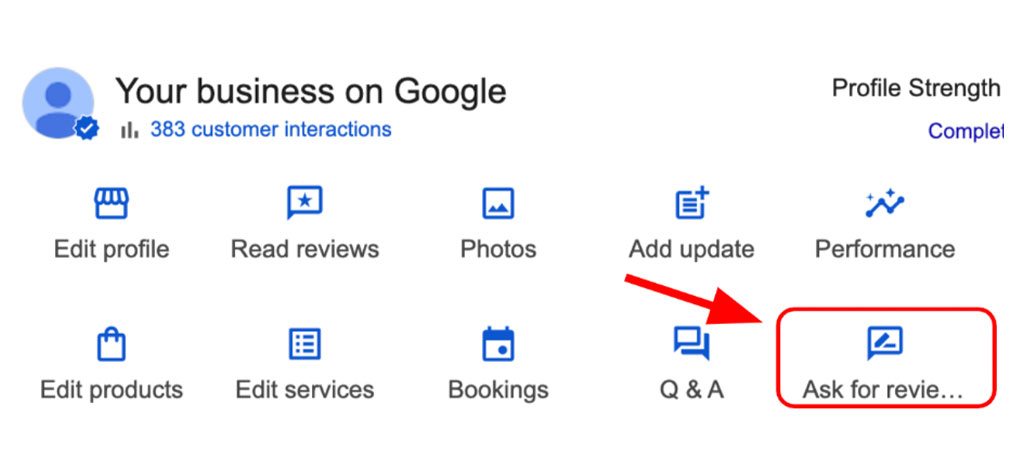 Screenshot of a Google Business profile dashboard highlighting the “Ask for reviews” button with a red arrow and box.