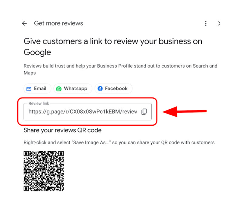 Screenshot showing instructions to share a Google review link for a business, with the review URL and a QR code highlighted by a red arrow and box.