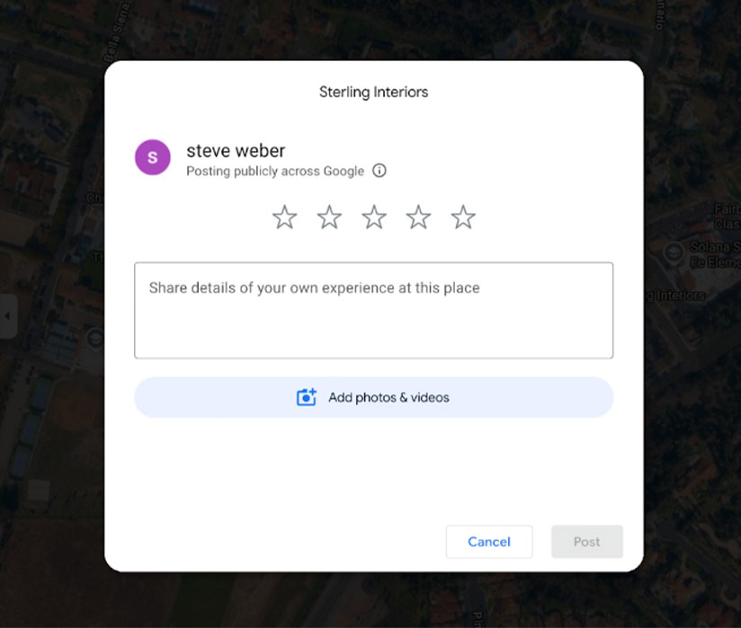 A Google review form for Sterling Interiors, prompting the user "steve weber" to rate and share their experience, with options to add photos or videos.